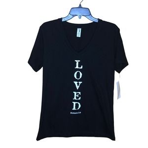 V-Neck Shirt Loved Black Christian Inspirational Graphic T-Shirt New L